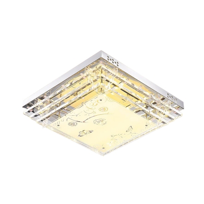 LED Ceiling Light Modern White Flush Mount Light with Rectangle/Square Crystal Rod and Acrylic Shade, 18.5