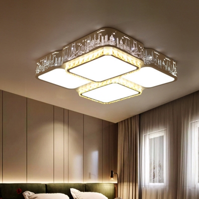 LED Flush Mounted Light Modern K9 Crystal Ceiling Light with Rectangle/Square White Acrylic Shade in