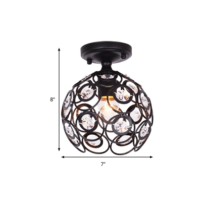 Metal Globe Cage Semi-Flush Mount with Crystal Decoration Contemporary 1 Bulb Semi Flush Ceiling Light in Black