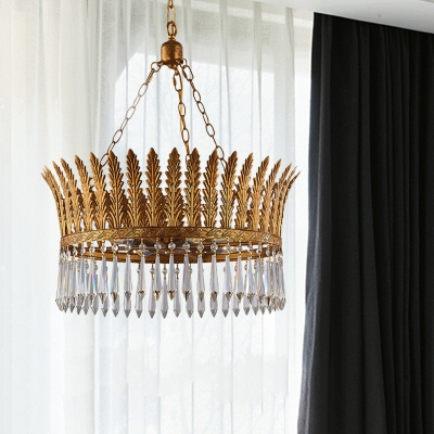 Metal Ring Hanging Chandelier Vintage 4/6 Lights Living Room Pendant Light in Brass with Crystal Drop
