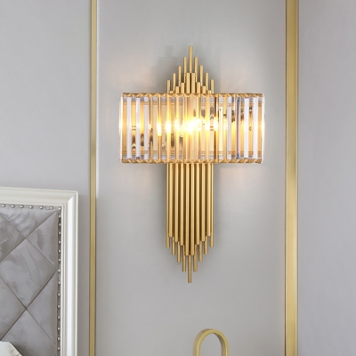 Metal Tube Wall Lighting Modern 2 Lights Golden Wall Sconce Fixture with Rectangular Clear Crystal Shade,14.5