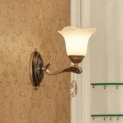 Modern Floral Sconce Light 1/2 Bulbs Metal Wall Mount Lighting in Brass with Opal Glass Shade