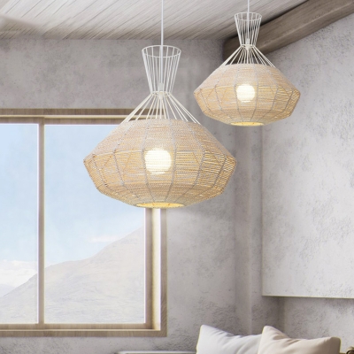 Nordic Caged Pendant Light with Diamond Shade 1 Light Metal and Rattan Hanging Lamp in White, 14