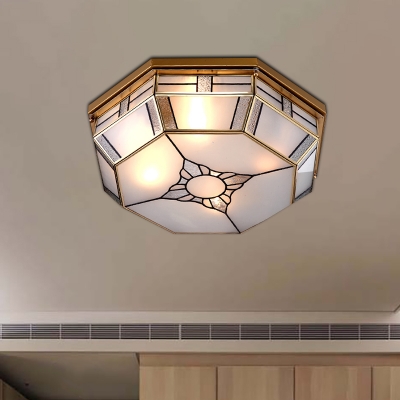 Octagonal Bedroom Flush Mount Light Colonial Blown Opal Glass 3 Bulbs Brass Close to Ceiling Lamp