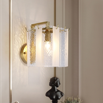 Postmodern Drum Wall Mounted Light Frosted Glass and Waterglass 1 Light Hallway Sconce Light in Gold