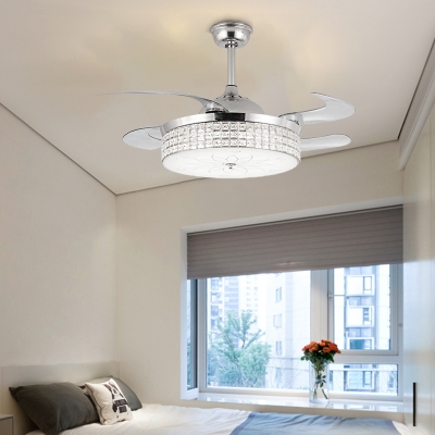 Silver/Gold Cylinder Ceiling Fan Light Modern Crystal Led Flush Mount Light Fixture with Remote Control/Wall Control/Remote Control and Wall Control