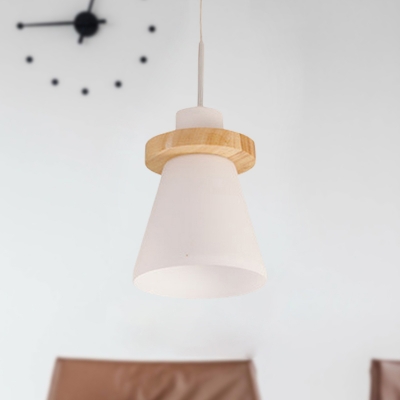 Tapered Pendant Light Simple Style White Glass 1 Light Dining Room Suspension Light with Wood Ring Decoration