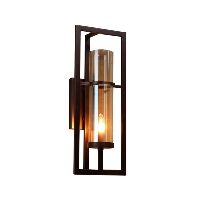 Vintage Style Cylinder Sconce Light Amber Glass 1 Light Bedroom Wall Mount Light with Rectangle Metal Frame in Black