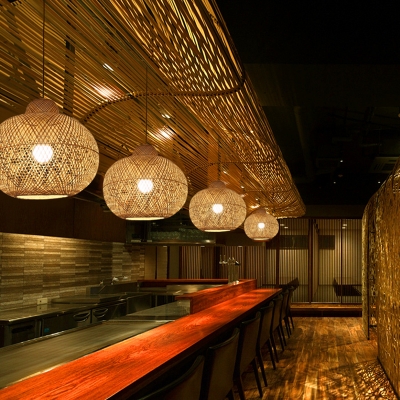 Weave Spherical Pendant Light Loft Modern 1 Light Restaurant Ceiling Lighting Fixture in Wood