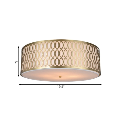 White 4/3-Light Flush Light Traditional Fabric Round Ceiling Mounted Lamp with Gold Metal Mesh Frame, 16