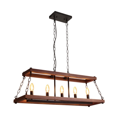 Wood Trapezoid Island Pendant Light Traditional 3/5 Lights Dining Room Hanging Lamp in Brown