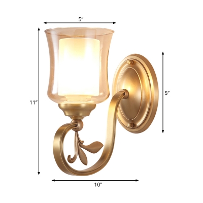 1/2-Head Bell Wall Lamp Vintage Style Amber Glass Wall Sconce Light in Brass for Living Room