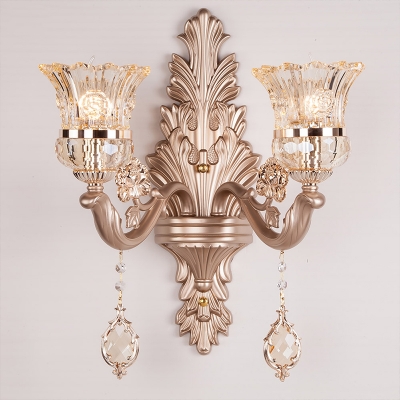 1/2 Heads Bell Wall Lighting with Clear Glass Shade and Crystal Decoration Vintage Gold Finish Sconce Light Fixture