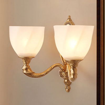 1/2-Light Bowl Wall Light Fixture Colonial Style Milk Glass Wall Lighting with Gold Curved Arm for Living Room