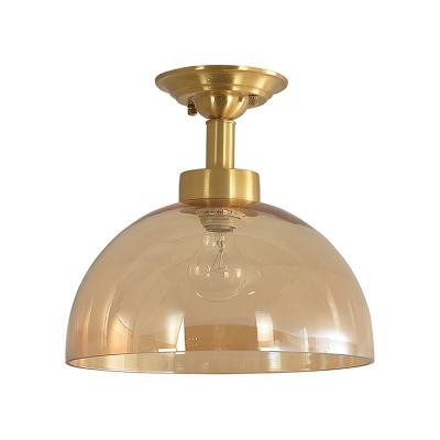 1-Light Amber Glass Semi Flush Colonialist Brass Bowl Indoor Close to Ceiling Lighting