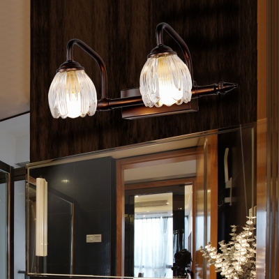 2/3/4 Lights Textured Glass Vanity Light Fixture Traditional Copper Flower Bathroom Make-Up Lighting