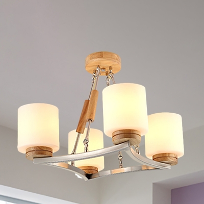 4/6 Heads Cylinder/Trapezoid Chandelier with Star Metal Frame Modern Style Milk Glass Pendant Lamp in Wood