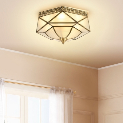 4-Light Opal Glass Flush Light Colonialist Brass Faceted Bedroom Close to Ceiling Lighting