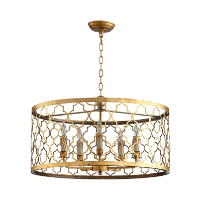 5 Lights Living Room Suspension Lamp Traditional Gold Chandelier Lighting with Drum Metal