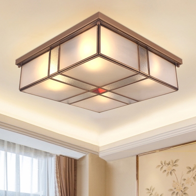 Brass 3/4 Heads Flush Mount Lamp Colonialism Sandblasted Glass Square Ceiling Fixture for Living Room