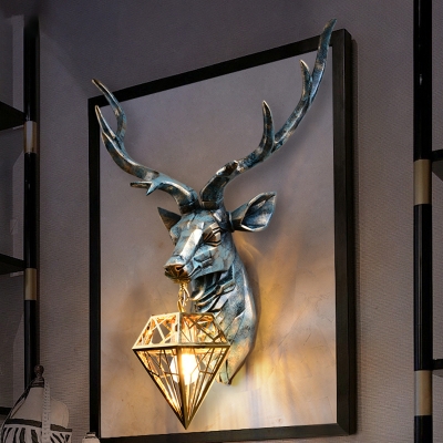 Brass Diamond Wall Light Fixture Vintage 1 Light Metal and Crystal Sconce Light with Deer Backplate, 14.5