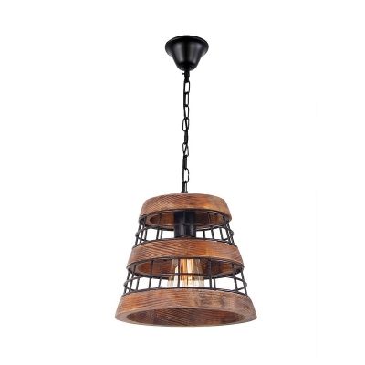 Brown 1 Light Pendant Lighting Classic Wood Tapered Hanging Lamp for Dining Room with Iron Frame