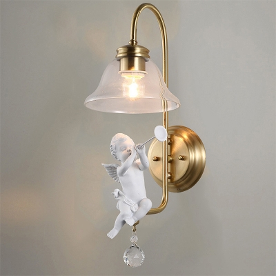 Clear Glass Gold Sconce Light Fixture Bell 1-Light Contemporary Wall Mounted Lamp for Living Room with Resin Angel Deco