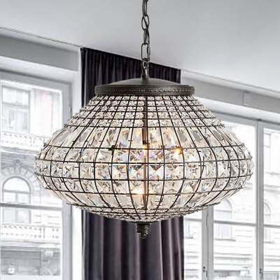 Crystal Beaded Urn Pendant Lamp Height Adjustable 3 Lights Rustic Hanging Light for Bedroom