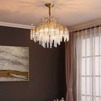 Curved Arm Chandelier Lamp Postmodern Three Side Crystal Rod 7 Lights Gold Hanging Lighting Fixture