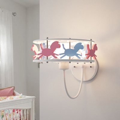 Drum Metal Cage Wall Light Sconce with Cartoon Horse Design Kids 1 Bulb Flush Wall Sconce in Pink
