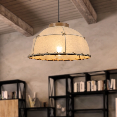Fabric Domed Suspension Lamp Rustic Loft 1 Light Flaxen Ceiling Pendant Light with Adjustable Cord, 14