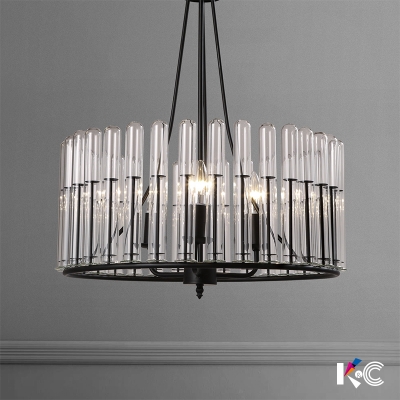 Fluted Crystal Black Hanging Lamp Cylinder 3 Heads Traditional Chandelier Light Fixture