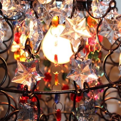 Global Cage Pendant Chandelier with Star Crystal Decoration Vintage 1 Head Hanging Ceiling Light in Aged Copper