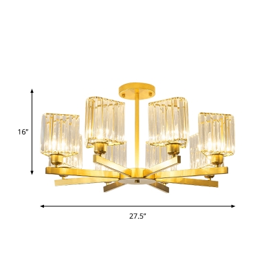 Gold Rectangle Semi Flush Mount Contemporary Crystal 3/6/8 Lights Living Room Ceiling Light Fixture