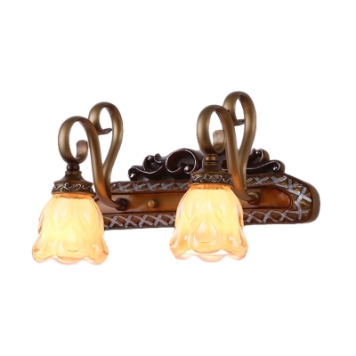 Iron Flared Vanity Light Fixture Traditional Tan Textured Glass 1/2 Lights Bathroom Sconce