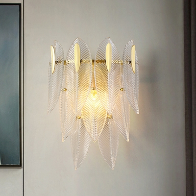 Leaf Ribbed Crystal Sconce Light Fixture Simple Style 2 Lights Gold Flush Mount Wall Sconce