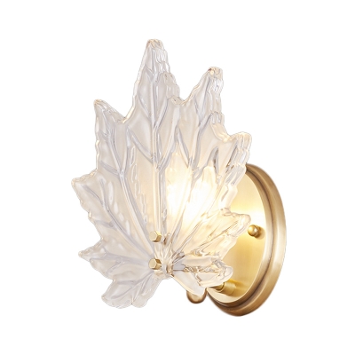 Maple Leaf Wall Light Fixture Modernism Clear Crystal 1 Bulb Golden Wall Sconce with Round Backplate
