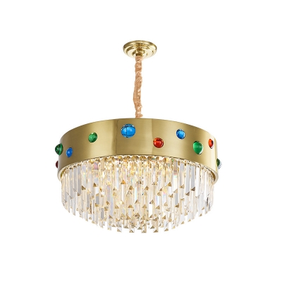 Metal Drum Hanging Chandelier with Gem Decoration Modernist Crystal 8 Heads Chandelier Lighting in Gold