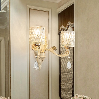 Modern Cylinder Wall Light Clear Dimpled Glass 1/2 Heads Living Room Sconce Light with Crystal Drop in Gold
