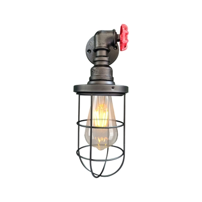 Rustic Style Caged Wall Light Iron 1 Bulb Corridor Wall Sconce Lighting with Red Valve Design in Aged Brass/Black