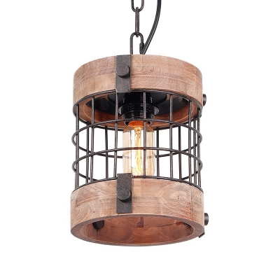 Traditional Cylinder Hanging Ceiling Light 1 Light Wood Pendant Lamp in Brown for Dining Room