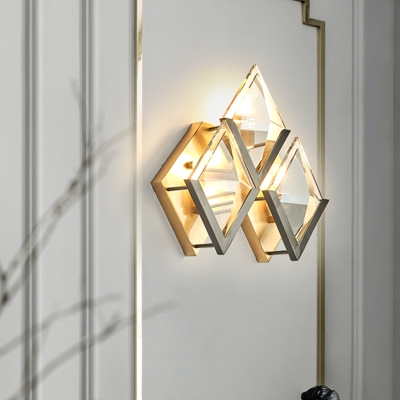 Vintage Rhombus Wall Light Sconce 3 Head Brass and Crystal Wall Mounted Lamp in Gold