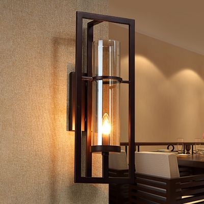 Vintage Style Cylinder Sconce Light Amber Glass 1 Light Bedroom Wall Mount Light with Rectangle Metal Frame in Black