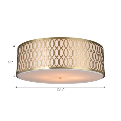 White 4/3-Light Flush Light Traditional Fabric Round Ceiling Mounted Lamp with Gold Metal Mesh Frame, 16