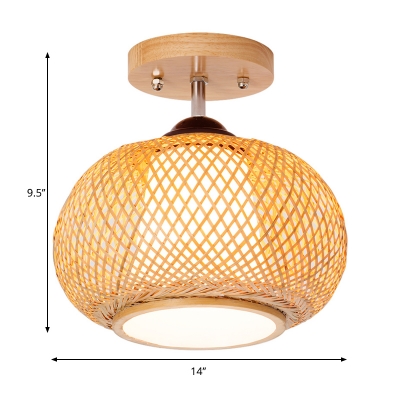 1 Head Bamboo Cage Ceiling Light Chinese Style Foyer Semi Flush Mount Light in Wood, 10/14/16 Inch Wide