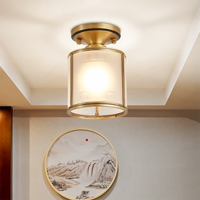 1-Light Opal Glass Flush Light Colonialist Brass Cylindrical Foyer Close to Ceiling Lighting