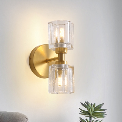 2 Bulbs Living Room Wall Light Modern Style Gold Finish Wall Sconce Fixture with Tapered Clear Crystal Shade