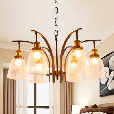3/5/6-Light Chandelier Pendant Vintage Cup Shape Clear Glass Ceiling Lamp with Curved Arm