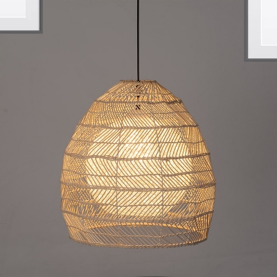 Adjustable Woven Pendant Lighting Nordic 1 Bulb Handmade Rattan Hanging Ceiling Light in Beige