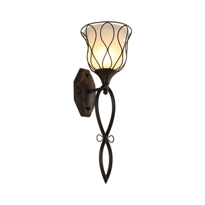 Bell Dining Room Wall Lighting Country Metal 1 Light Black Sconce with Opal Glass Shade